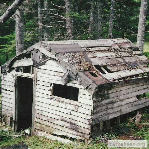 Last of the Virgin Cove tilts, owned by the Fulfords. Fergus paid $10 for the stove to Mick Casey when he lived in Bona.&amp;nbsp; Wayne has the stove door on his cabin wall.
Photo credit: Paddy Hann 2007